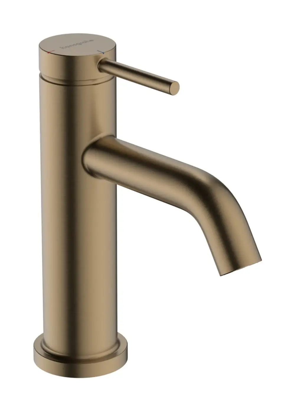 Ein Einhebel-Waschtischmischer von Hansgrohe in gebürsteter Bronze-Optik, mit runder Basis und auslaufendem Auslauf. Der Bedienhebel ist oben montiert.